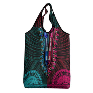 African Dashiki and Polynesian Pattern Grocery Bag Half Teal-Pink