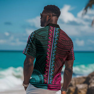 African Dashiki and Polynesian Pattern Hawaiian Shirt Half Teal-Pink