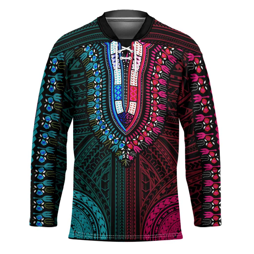 African Dashiki and Polynesian Pattern Hockey Jersey Half Teal-Pink