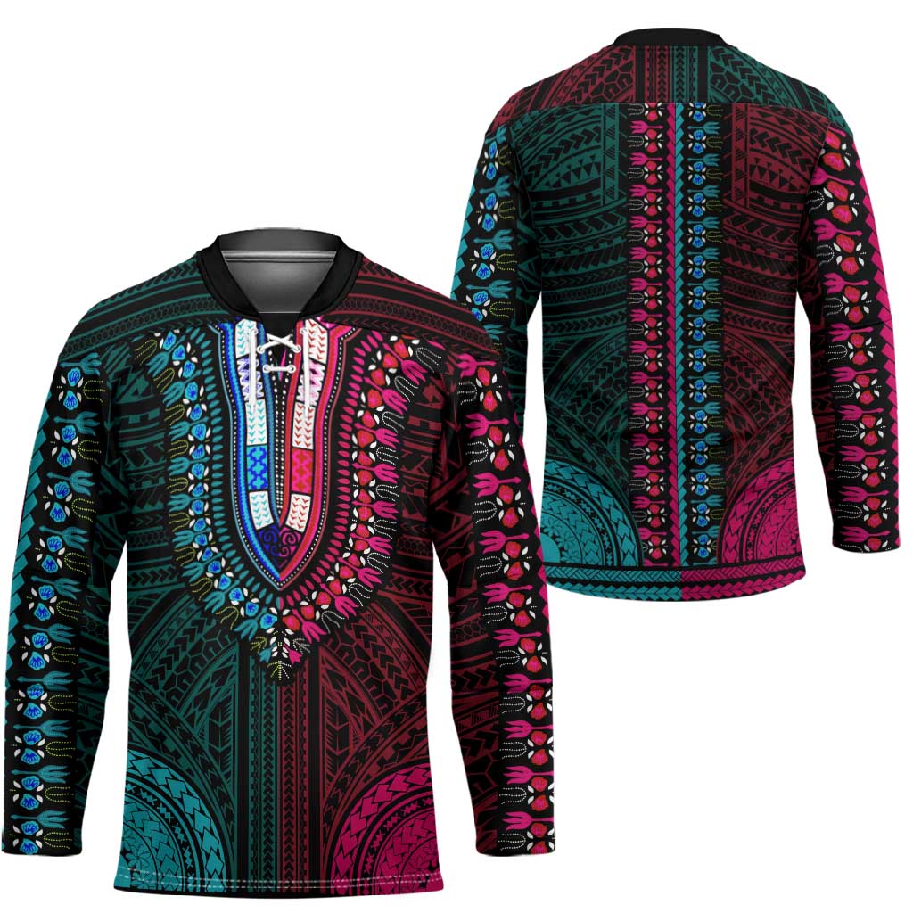 African Dashiki and Polynesian Pattern Hockey Jersey Half Teal-Pink