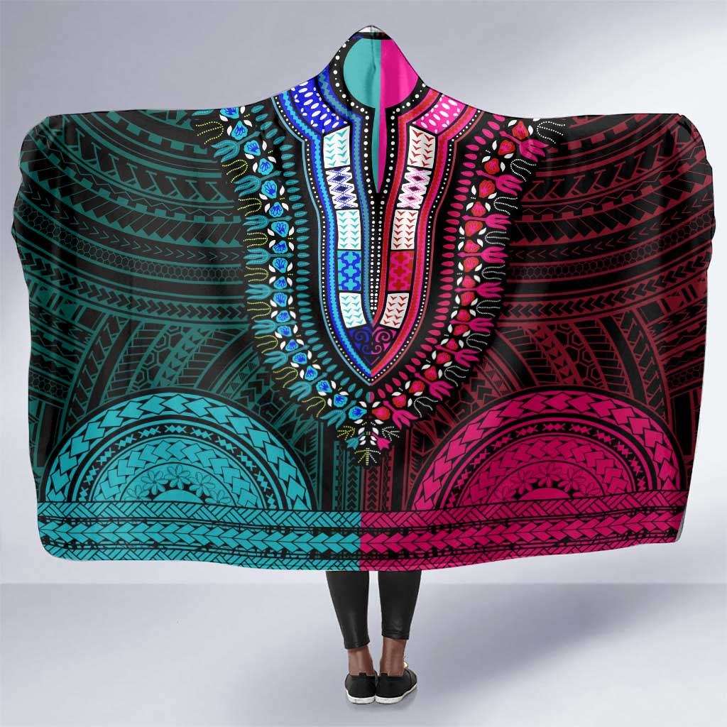 African Dashiki and Polynesian Pattern Hooded Blanket Half Teal-Pink