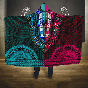 African Dashiki and Polynesian Pattern Hooded Blanket Half Teal-Pink