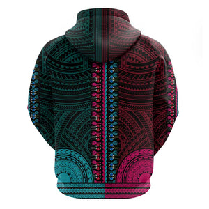 African Dashiki and Polynesian Pattern Hoodie Half Teal-Pink