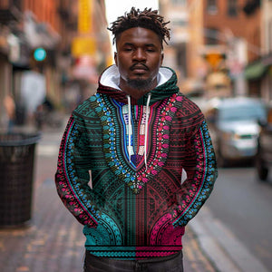 African Dashiki and Polynesian Pattern Hoodie Half Teal-Pink