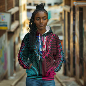 African Dashiki and Polynesian Pattern Hoodie Half Teal-Pink