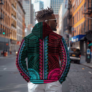 African Dashiki and Polynesian Pattern Hoodie Half Teal-Pink