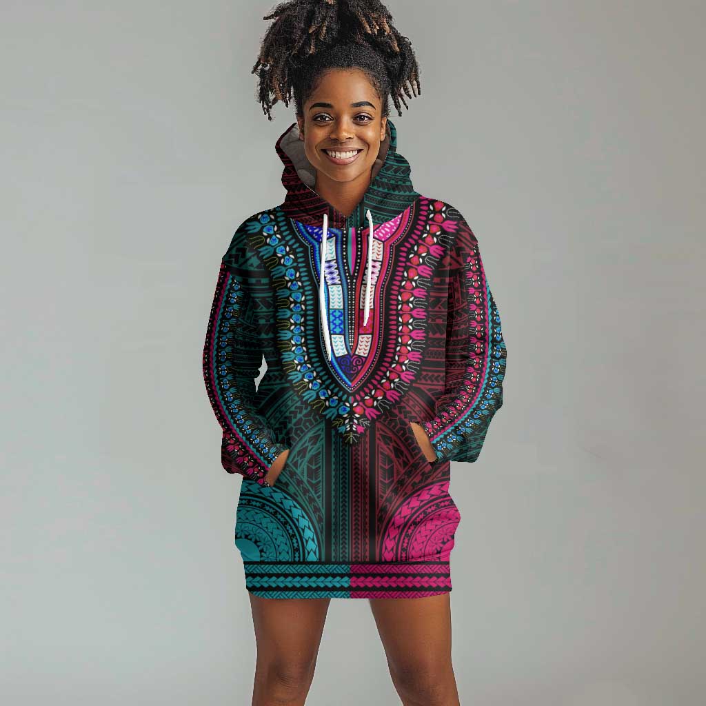 African Dashiki and Polynesian Pattern Hoodie Dress Half Teal-Pink