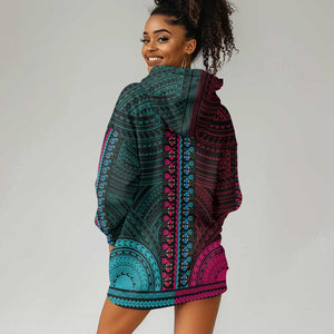 African Dashiki and Polynesian Pattern Hoodie Dress Half Teal-Pink