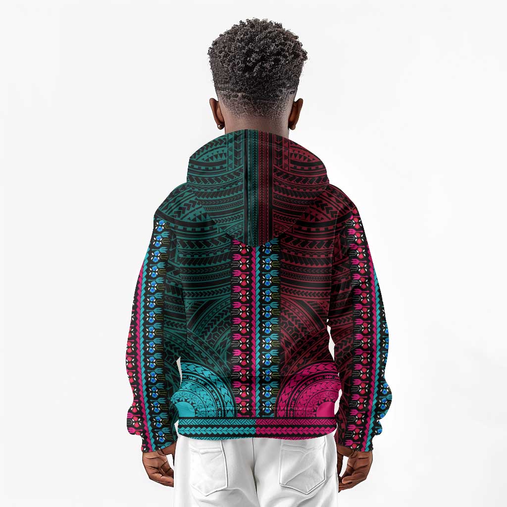 African Dashiki and Polynesian Pattern Kid Hoodie Half Teal-Pink