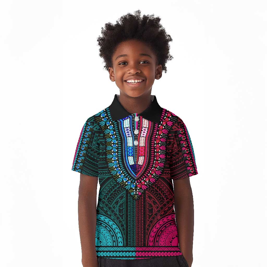 African Dashiki and Polynesian Pattern Kid Polo Shirt Half Teal-Pink