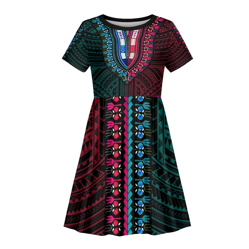 African Dashiki and Polynesian Pattern Kid Short Sleeve Dress Half Teal-Pink