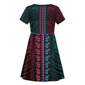 African Dashiki and Polynesian Pattern Kid Short Sleeve Dress Half Teal-Pink