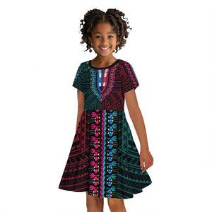 African Dashiki and Polynesian Pattern Kid Short Sleeve Dress Half Teal-Pink