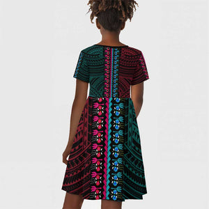 African Dashiki and Polynesian Pattern Kid Short Sleeve Dress Half Teal-Pink