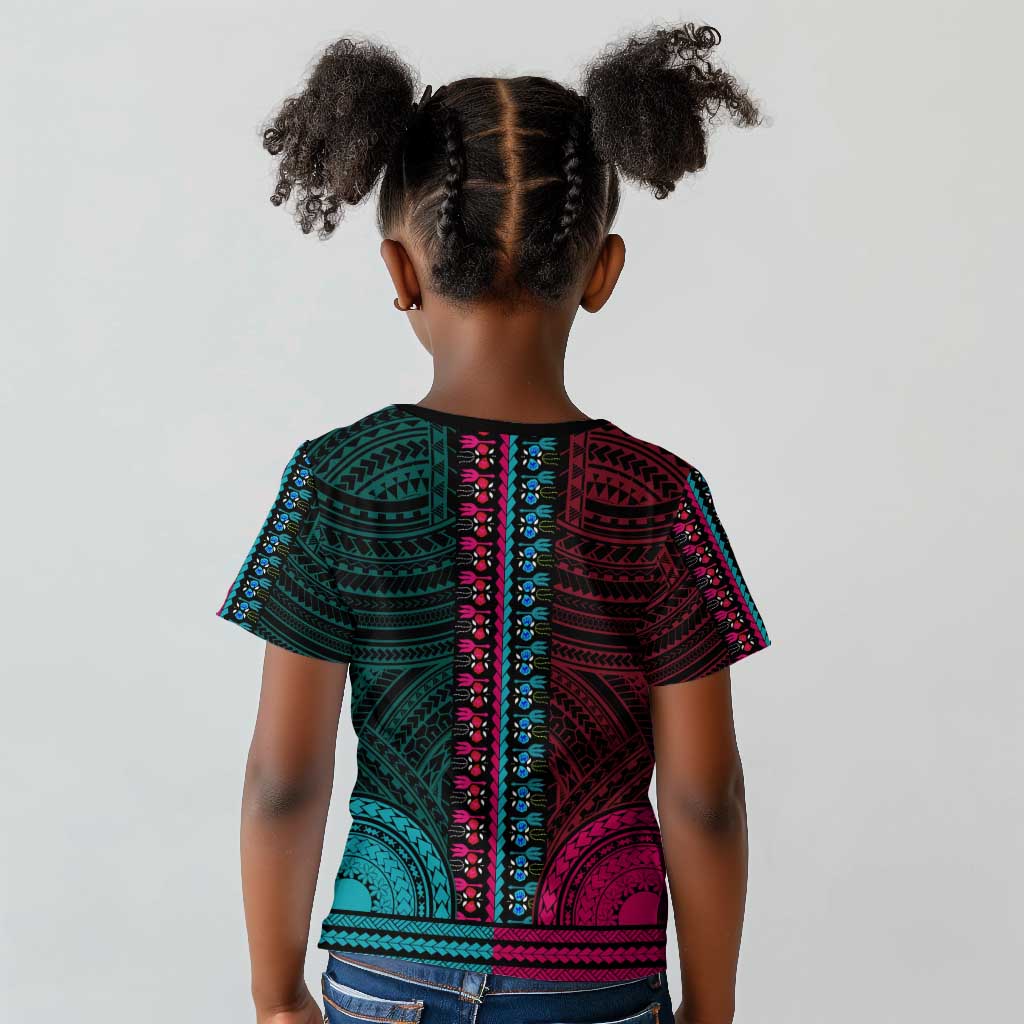 African Dashiki and Polynesian Pattern Kid T shirt Half Teal-Pink