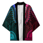 African Dashiki and Polynesian Pattern Kimono Half Teal-Pink