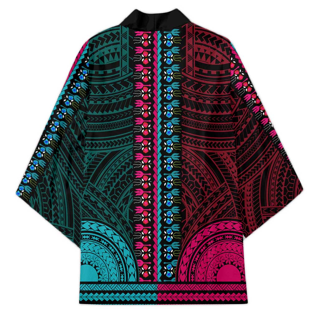 African Dashiki and Polynesian Pattern Kimono Half Teal-Pink