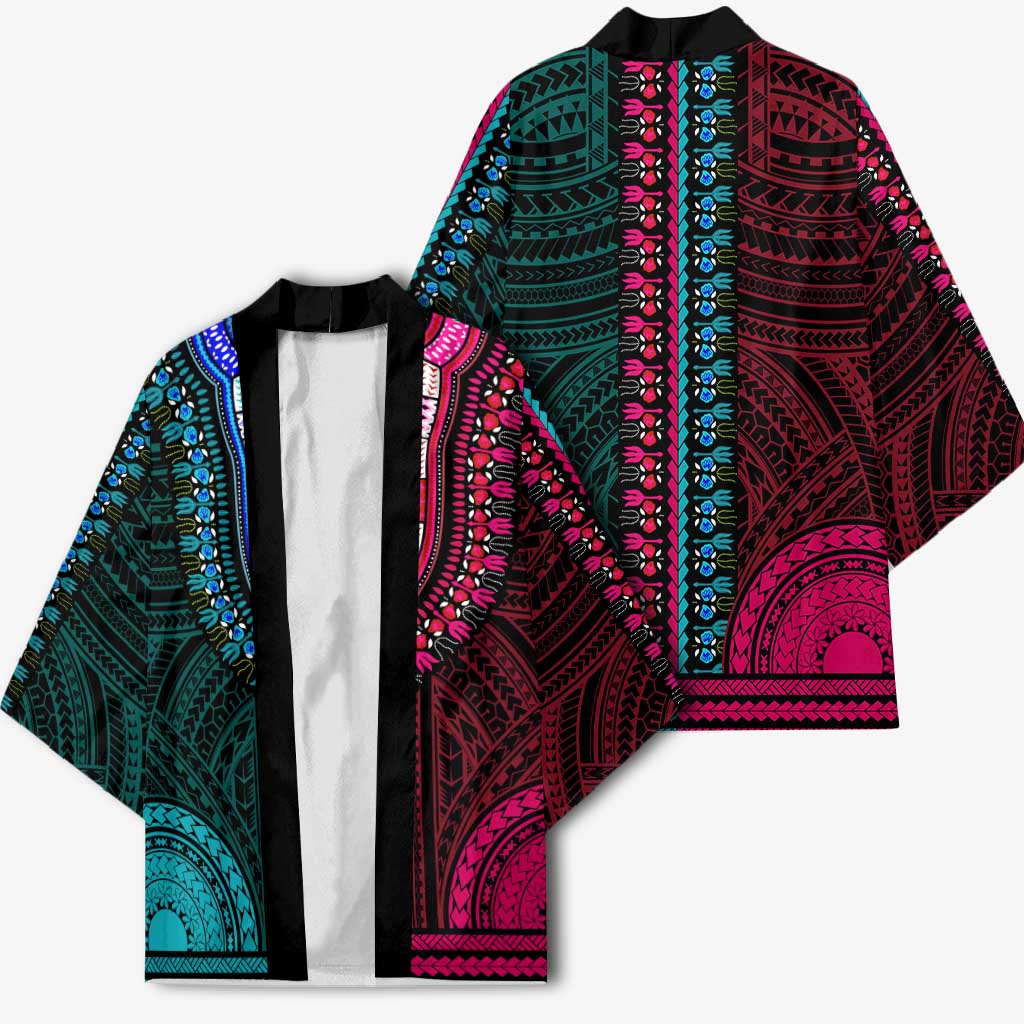 African Dashiki and Polynesian Pattern Kimono Half Teal-Pink