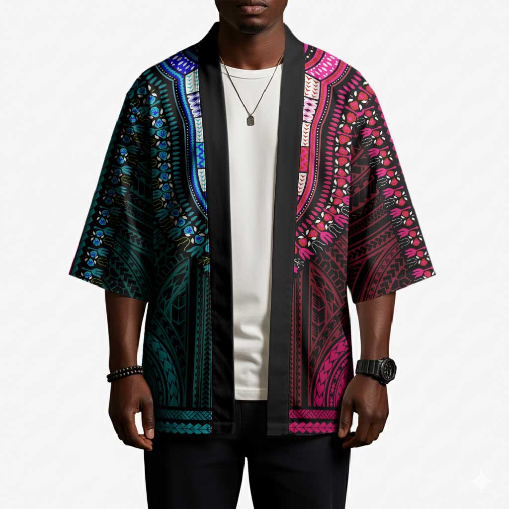 African Dashiki and Polynesian Pattern Kimono Half Teal-Pink