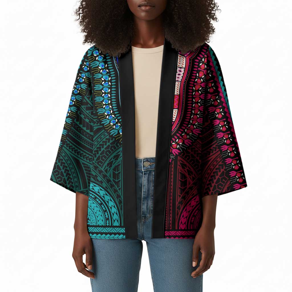 African Dashiki and Polynesian Pattern Kimono Half Teal-Pink