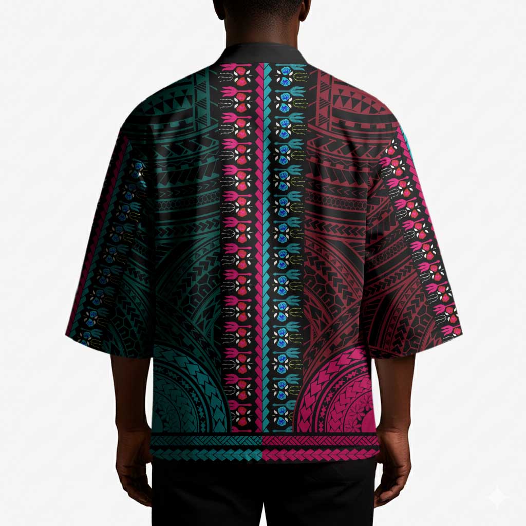 African Dashiki and Polynesian Pattern Kimono Half Teal-Pink