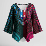 African Dashiki and Polynesian Pattern Kimono Sleeve Blouse Half Teal-Pink