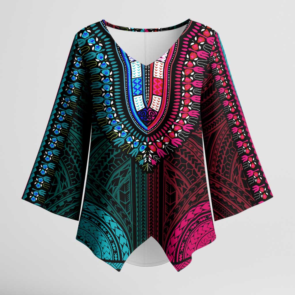 African Dashiki and Polynesian Pattern Kimono Sleeve Blouse Half Teal-Pink