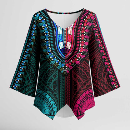 African Dashiki and Polynesian Pattern Kimono Sleeve Blouse Half Teal-Pink