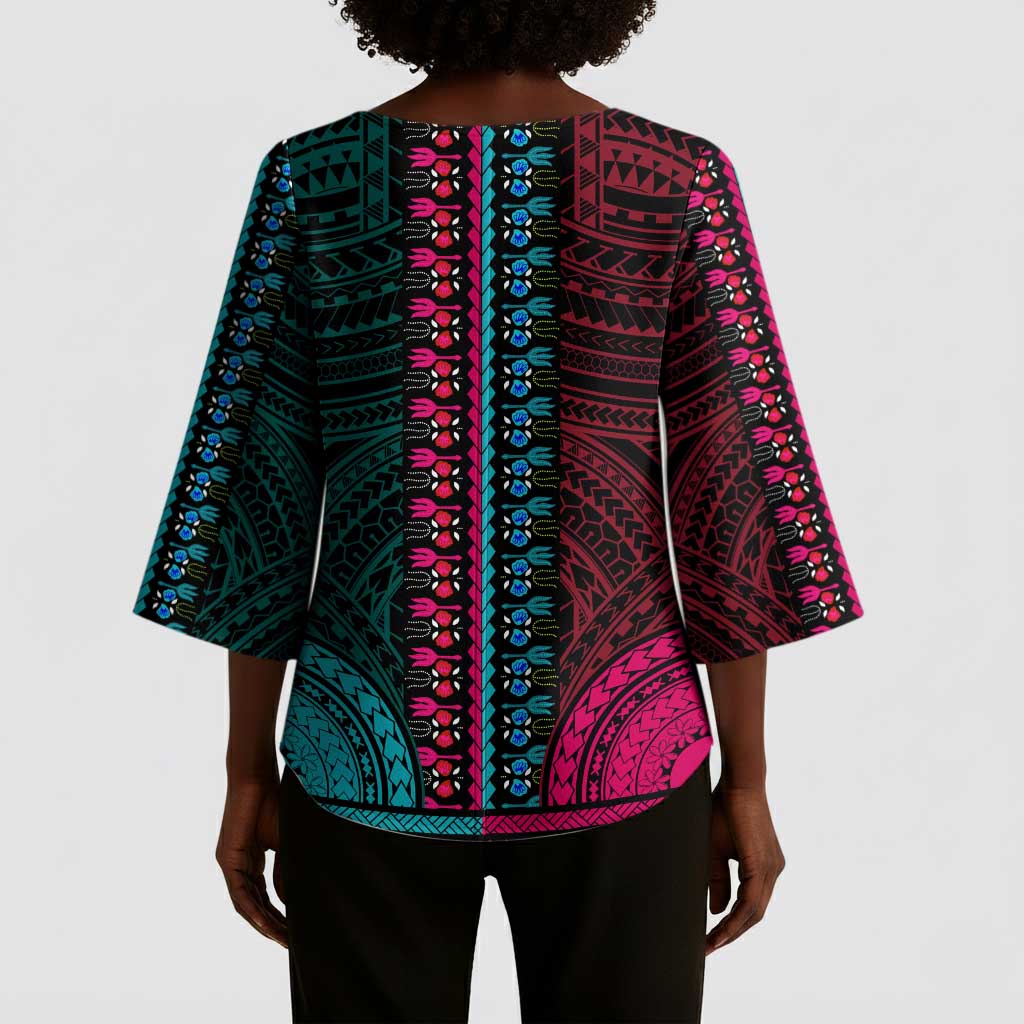African Dashiki and Polynesian Pattern Kimono Sleeve Blouse Half Teal-Pink