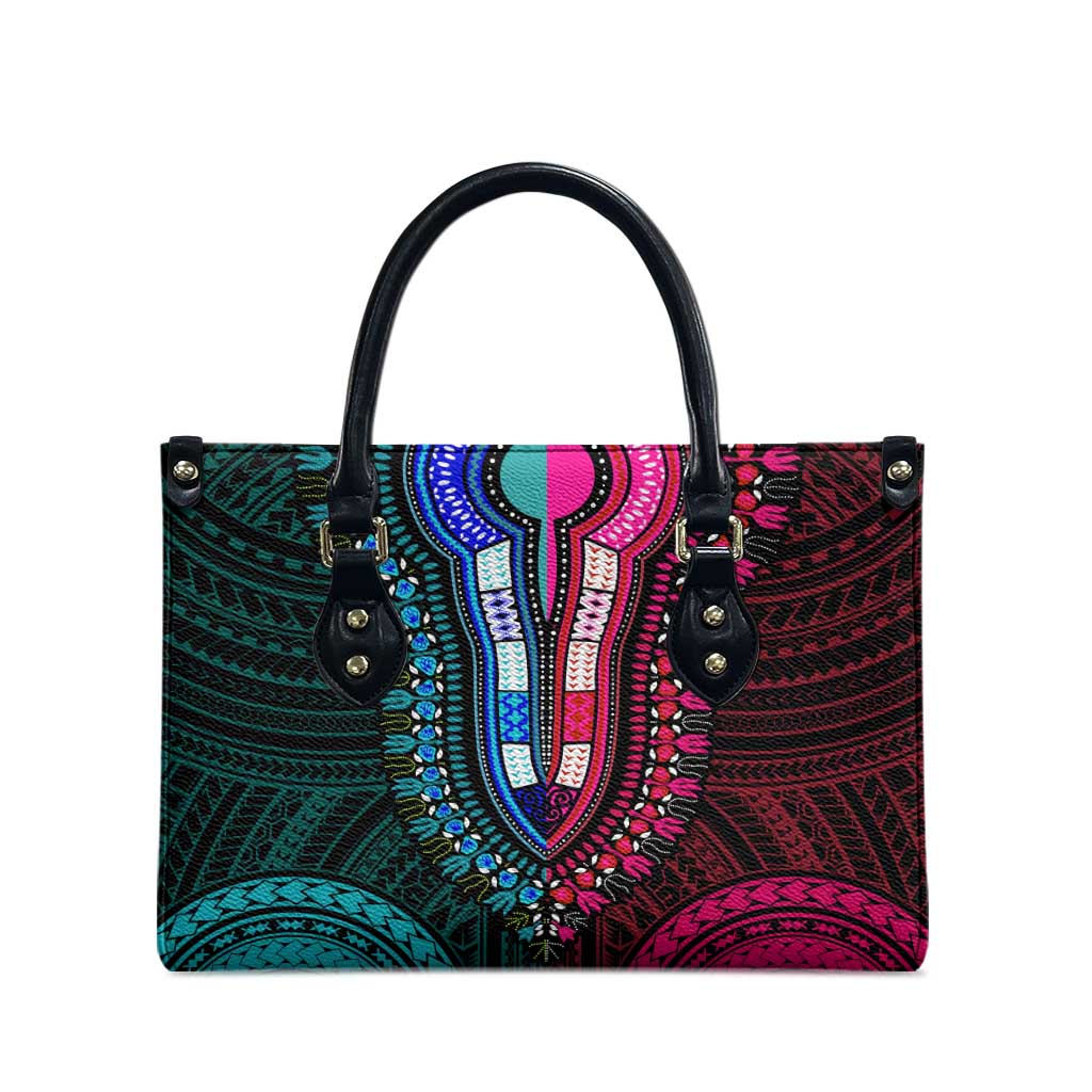 African Dashiki and Polynesian Pattern Leather Bag Half Teal-Pink