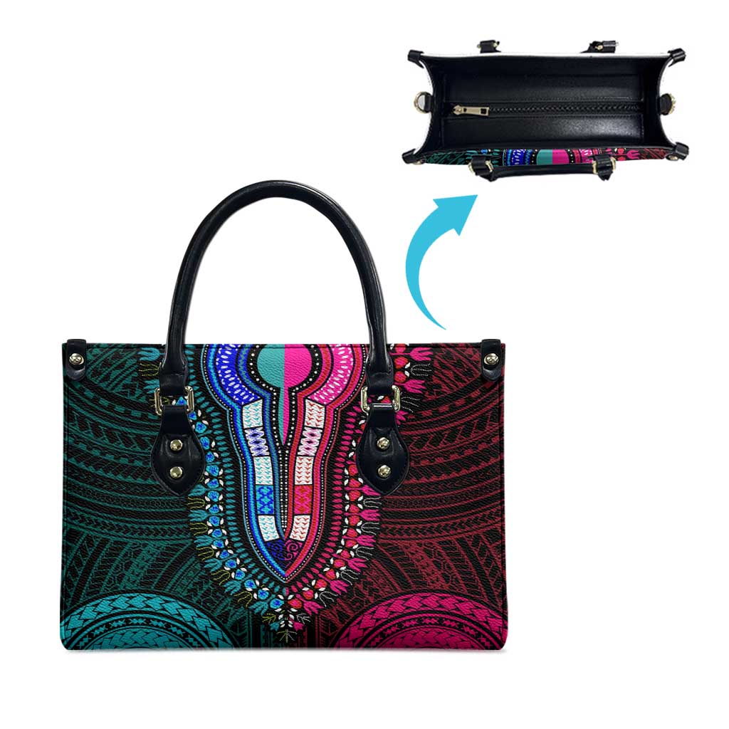 African Dashiki and Polynesian Pattern Leather Bag Half Teal-Pink