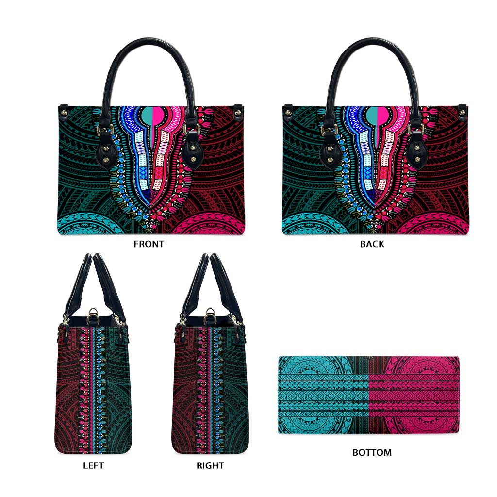 African Dashiki and Polynesian Pattern Leather Bag Half Teal-Pink