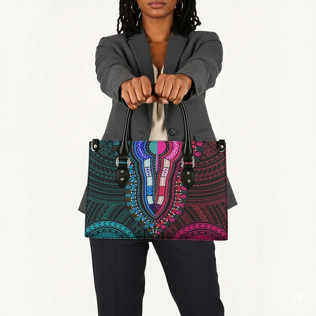 African Dashiki and Polynesian Pattern Leather Bag Half Teal-Pink