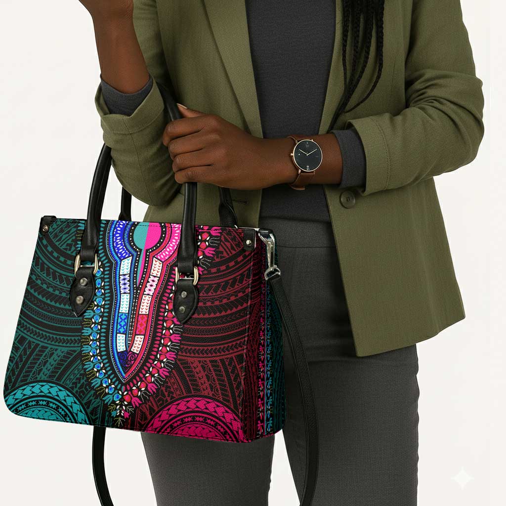 African Dashiki and Polynesian Pattern Leather Bag Half Teal-Pink