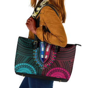 African Dashiki and Polynesian Pattern Leather Tote Bag Half Teal-Pink