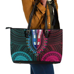 African Dashiki and Polynesian Pattern Leather Tote Bag Half Teal-Pink