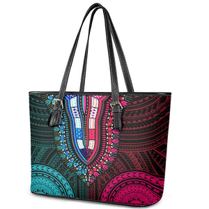 African Dashiki and Polynesian Pattern Leather Tote Bag Half Teal-Pink