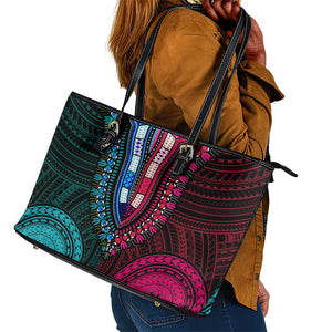 African Dashiki and Polynesian Pattern Leather Tote Bag Half Teal-Pink