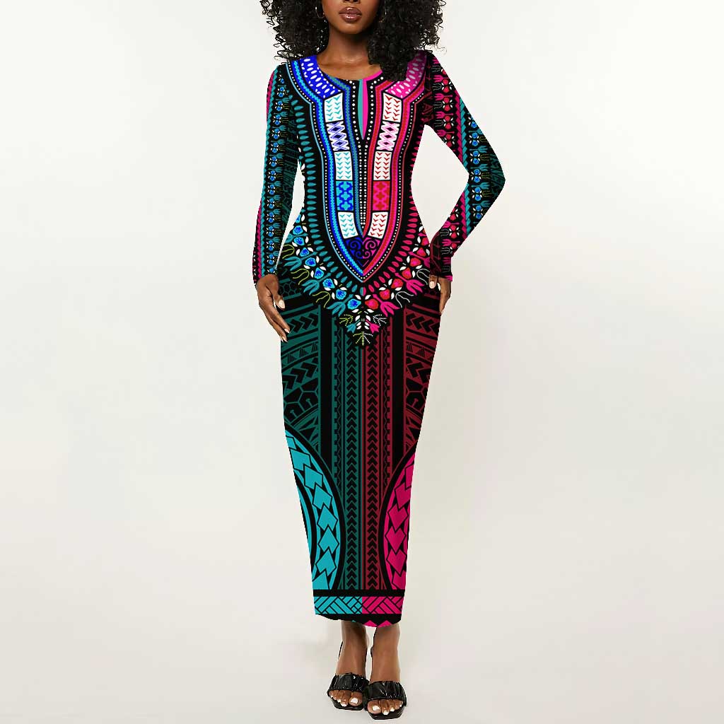 African Dashiki and Polynesian Pattern Long Sleeve Bodycon Dress Half Teal-Pink