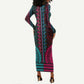 African Dashiki and Polynesian Pattern Long Sleeve Bodycon Dress Half Teal-Pink LT9