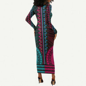 African Dashiki and Polynesian Pattern Long Sleeve Bodycon Dress Half Teal-Pink