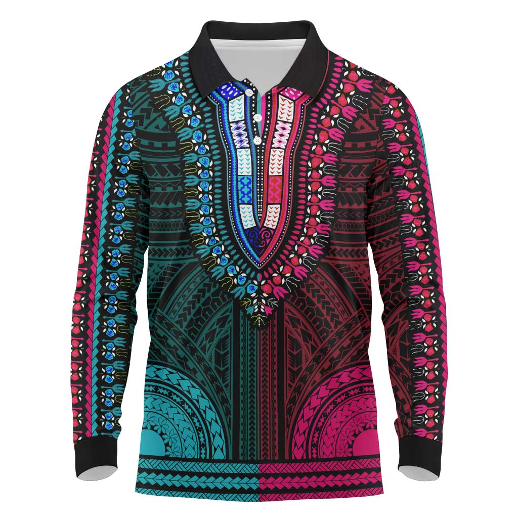 African Dashiki and Polynesian Pattern Long Sleeve Polo Shirt Half Teal-Pink