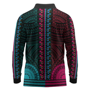 African Dashiki and Polynesian Pattern Long Sleeve Polo Shirt Half Teal-Pink