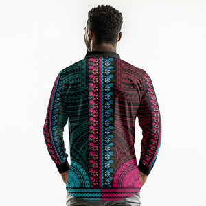 African Dashiki and Polynesian Pattern Long Sleeve Polo Shirt Half Teal-Pink