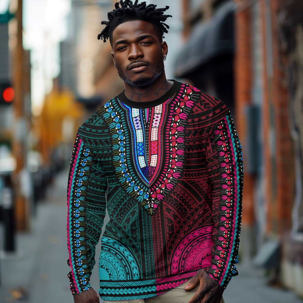 African Dashiki and Polynesian Pattern Long Sleeve Shirt Half Teal-Pink