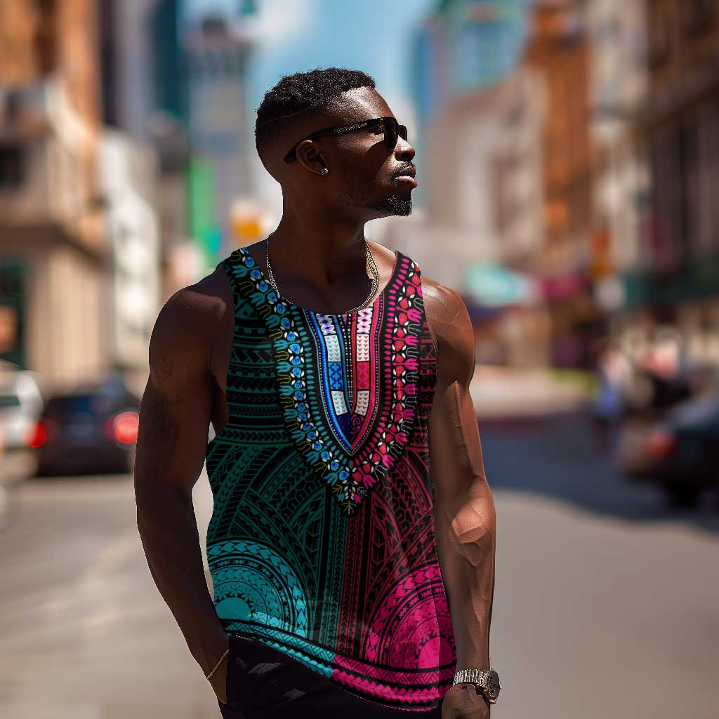 African Dashiki and Polynesian Pattern Men Tank Top Half Teal-Pink