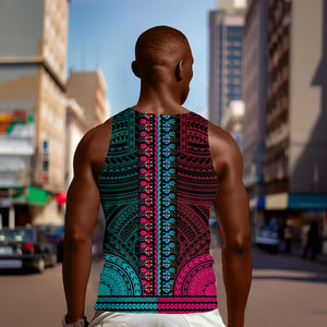 African Dashiki and Polynesian Pattern Men Tank Top Half Teal-Pink