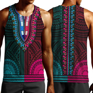 African Dashiki and Polynesian Pattern Men Tank Top Half Teal-Pink