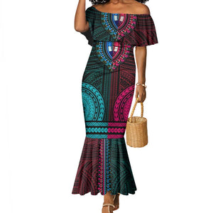 African Dashiki and Polynesian Pattern Mermaid Dress Half Teal-Pink