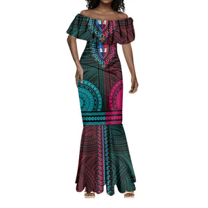 African Dashiki and Polynesian Pattern Mermaid Dress Half Teal-Pink